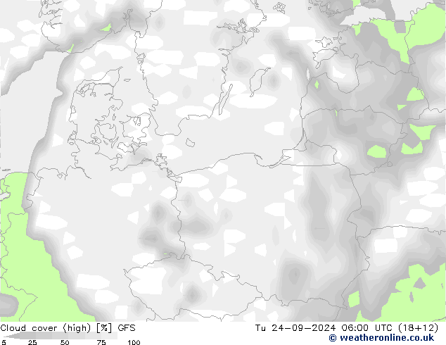 Cloud cover (high) GFS Tu 24.09.2024 06 UTC