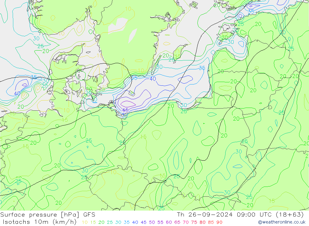 Isotachs (kph) GFS gio 26.09.2024 09 UTC