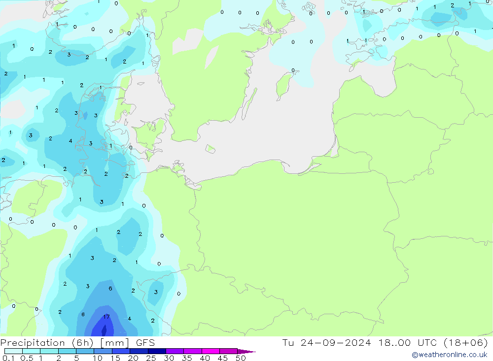 Totale neerslag (6h) GFS di 24.09.2024 00 UTC