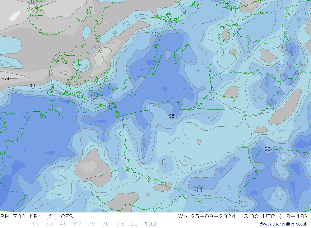 RH 700 hPa GFS Qua 25.09.2024 18 UTC