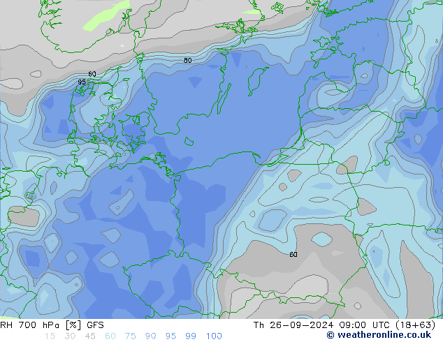 Humidité rel. 700 hPa GFS jeu 26.09.2024 09 UTC