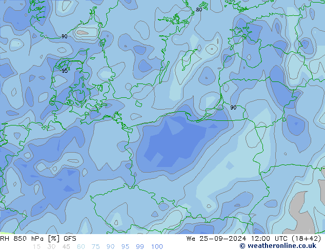 RH 850 hPa GFS We 25.09.2024 12 UTC