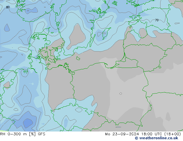 RH 0-300 m GFS pon. 23.09.2024 18 UTC