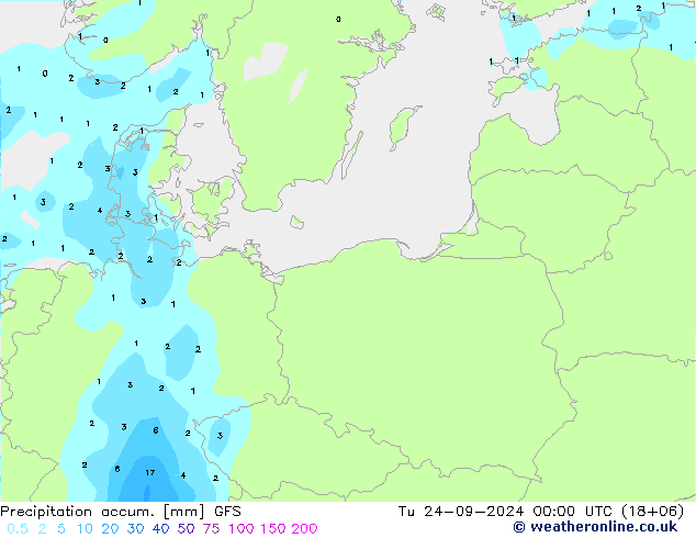 Precipitation accum. GFS Út 24.09.2024 00 UTC