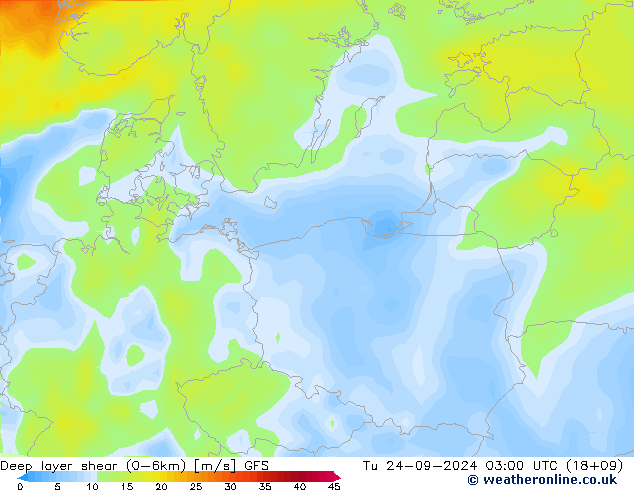 Deep layer shear (0-6km) GFS di 24.09.2024 03 UTC