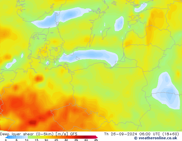 Deep layer shear (0-6km) GFS gio 26.09.2024 06 UTC