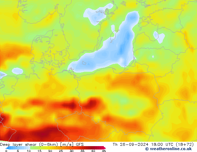 Deep layer shear (0-6km) GFS Th 26.09.2024 18 UTC