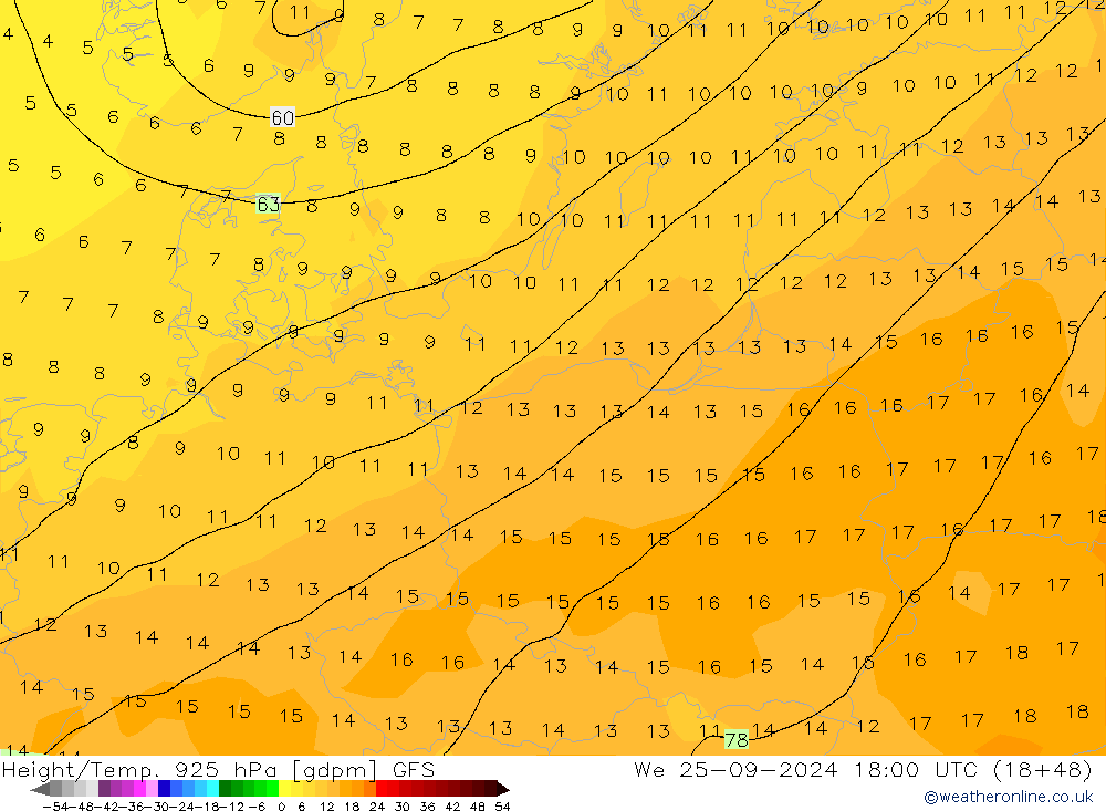 Height/Temp. 925 hPa GFS We 25.09.2024 18 UTC