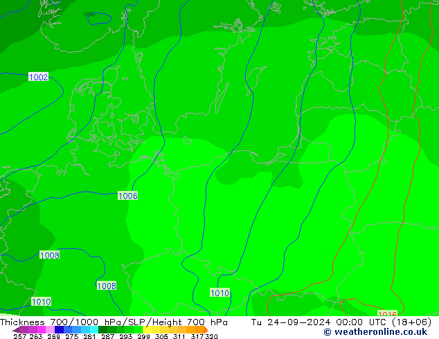 Thck 700-1000 hPa GFS wto. 24.09.2024 00 UTC