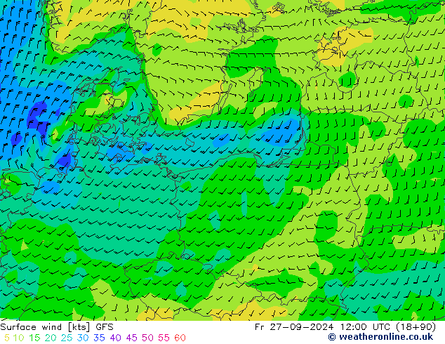 ветер 10 m GFS пт 27.09.2024 12 UTC