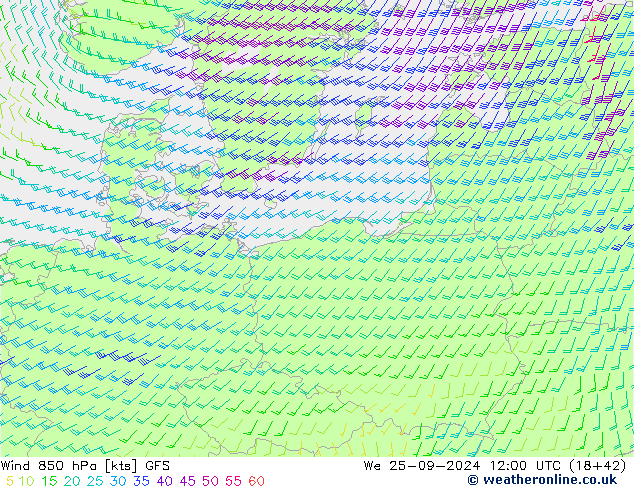 Rüzgar 850 hPa GFS Çar 25.09.2024 12 UTC