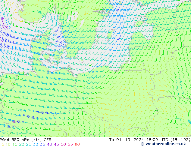 Rüzgar 850 hPa GFS Sa 01.10.2024 18 UTC