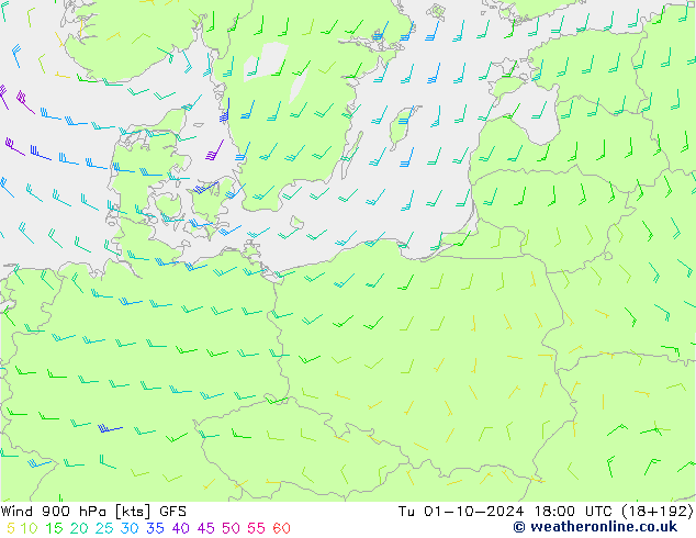 wiatr 900 hPa GFS wto. 01.10.2024 18 UTC