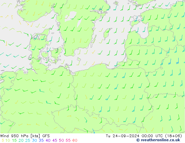 Prec 6h/Wind 10m/950 GFS Út 24.09.2024 00 UTC