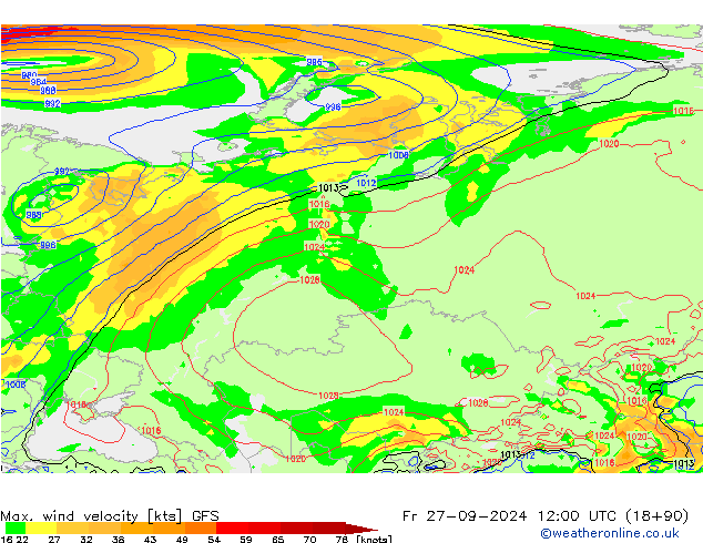 Max. wind velocity GFS Pá 27.09.2024 12 UTC