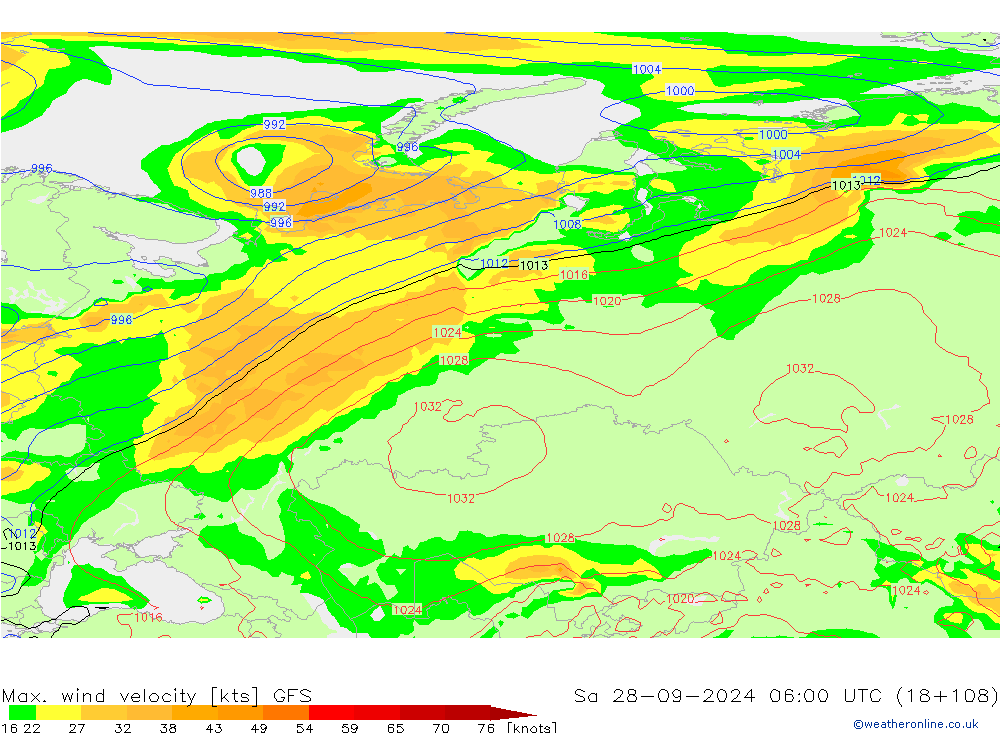 Max. wind velocity GFS sam 28.09.2024 06 UTC