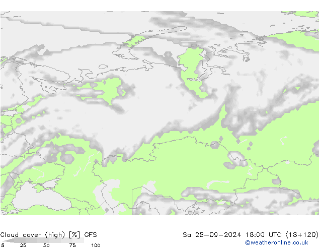 zachmurzenie (wysokie) GFS so. 28.09.2024 18 UTC