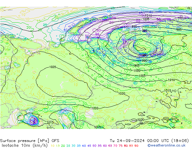 Isotachs (kph) GFS Ter 24.09.2024 00 UTC