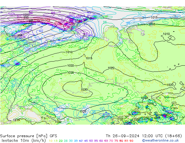 Eşrüzgar Hızları (km/sa) GFS Per 26.09.2024 12 UTC