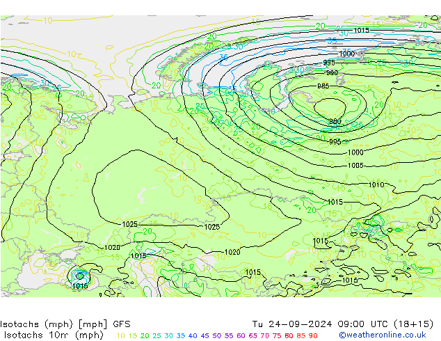 Isotachs (mph) GFS mar 24.09.2024 09 UTC