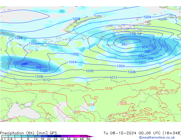 Z500/Rain (+SLP)/Z850 GFS Tu 08.10.2024 06 UTC