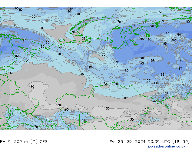 RH 0-300 m GFS mer 25.09.2024 00 UTC