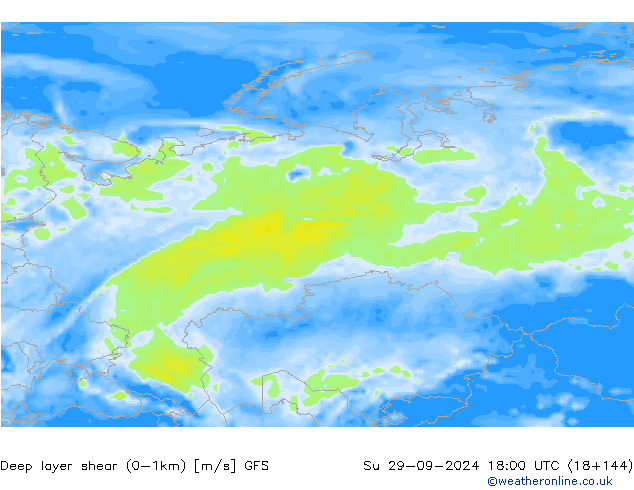 Deep layer shear (0-1km) GFS Su 29.09.2024 18 UTC