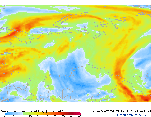 Deep layer shear (0-6km) GFS sam 28.09.2024 00 UTC