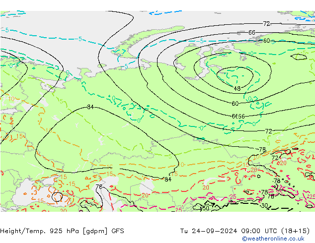 Height/Temp. 925 hPa GFS Út 24.09.2024 09 UTC