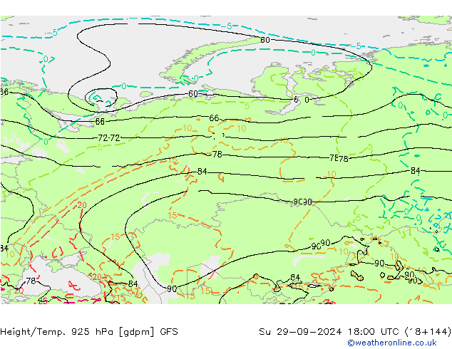 Yükseklik/Sıc. 925 hPa GFS Paz 29.09.2024 18 UTC