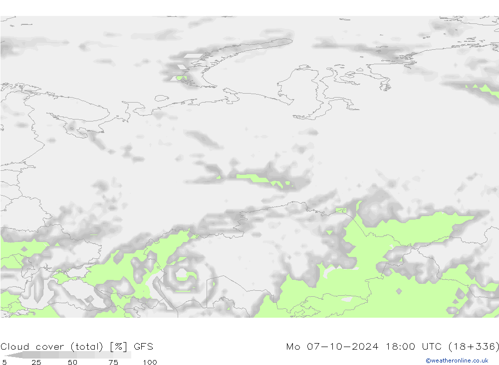 Cloud cover (total) GFS Mo 07.10.2024 18 UTC