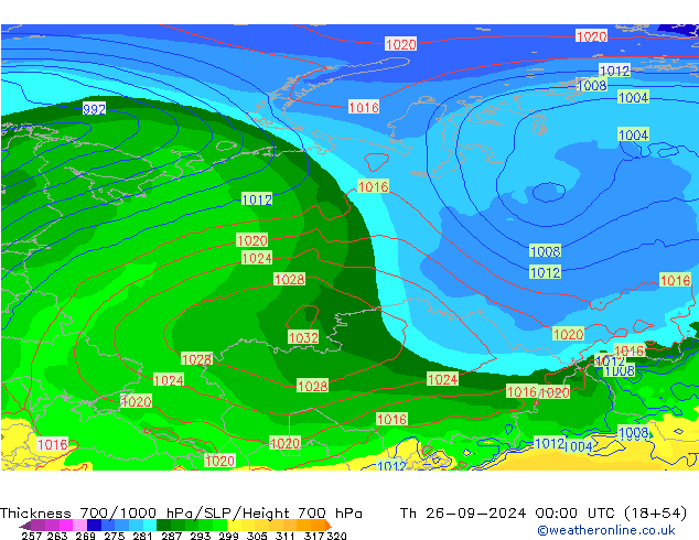 Thck 700-1000 гПа GFS чт 26.09.2024 00 UTC