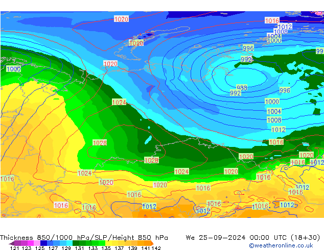 Thck 850-1000 hPa GFS mer 25.09.2024 00 UTC