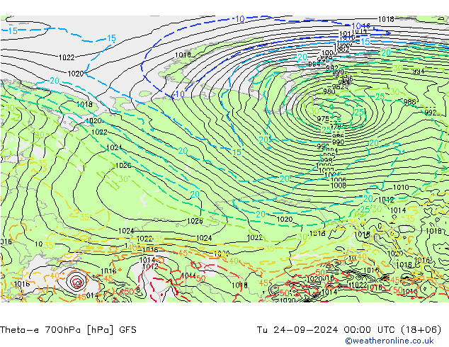 Theta-e 700hPa GFS Tu 24.09.2024 00 UTC