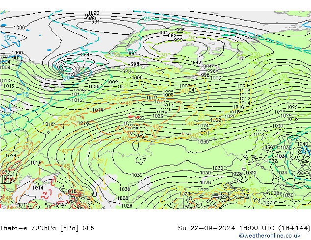 Theta-e 700hPa GFS Paz 29.09.2024 18 UTC