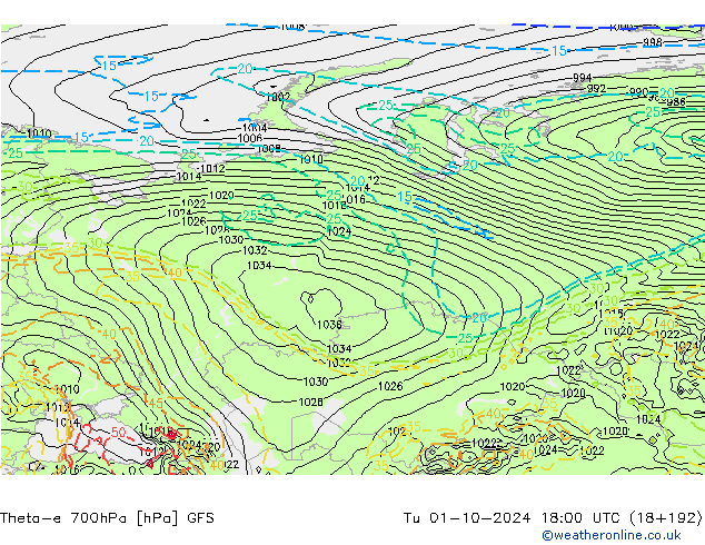 Theta-e 700hPa GFS Út 01.10.2024 18 UTC