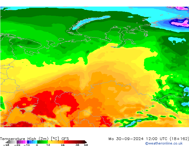 temperatura máx. (2m) GFS Seg 30.09.2024 12 UTC