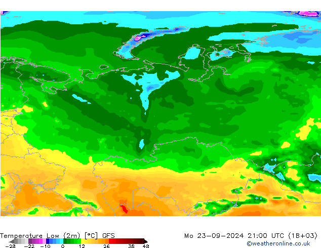 temperatura mín. (2m) GFS Seg 23.09.2024 21 UTC