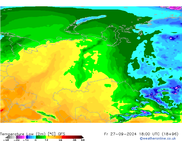 Temperature Low (2m) GFS Fr 27.09.2024 18 UTC