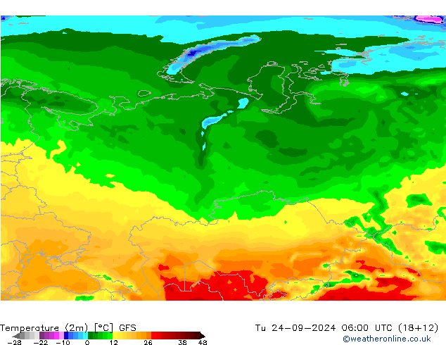 Temperature (2m) GFS Tu 24.09.2024 06 UTC