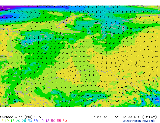 ветер 10 m GFS пт 27.09.2024 18 UTC