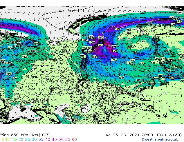 Wind 850 hPa GFS wo 25.09.2024 00 UTC