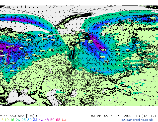 Wind 850 hPa GFS We 25.09.2024 12 UTC