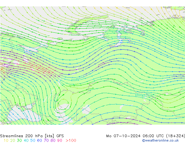 Streamlines 200 hPa GFS Mo 07.10.2024 06 UTC