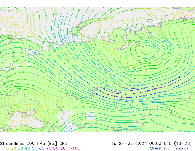 Ligne de courant 500 hPa GFS mar 24.09.2024 00 UTC