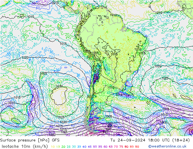 Isotachs (kph) GFS Tu 24.09.2024 18 UTC