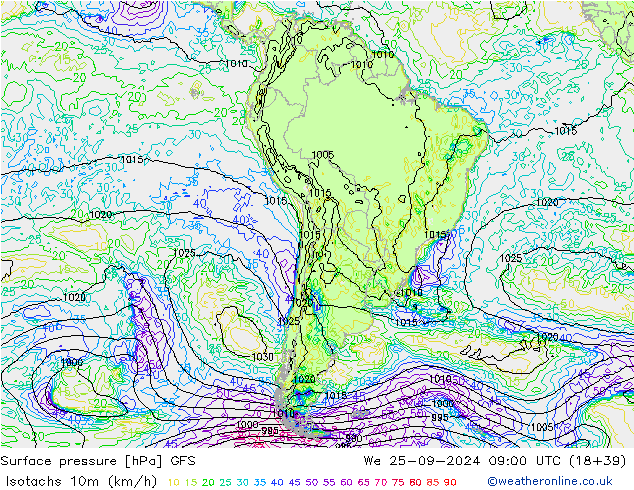 Isotachen (km/h) GFS Mi 25.09.2024 09 UTC