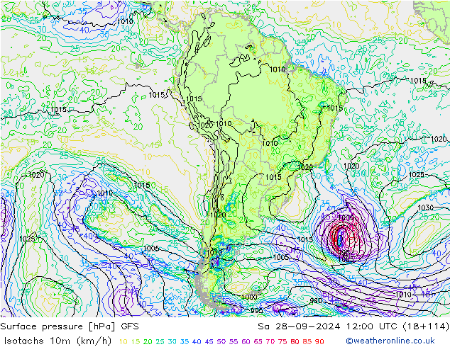 Isotaca (kph) GFS sáb 28.09.2024 12 UTC