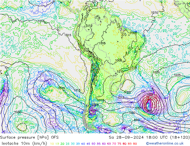 Isotachs (kph) GFS Sa 28.09.2024 18 UTC