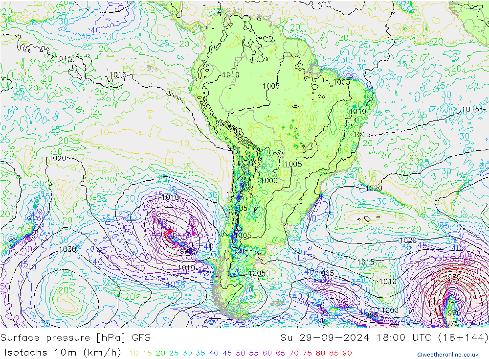 Isotachs (kph) GFS Su 29.09.2024 18 UTC